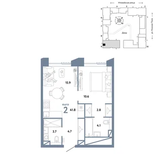 Планировка 2-комн. квартира, 41.8 м² ЖК «Страна.Заречная»