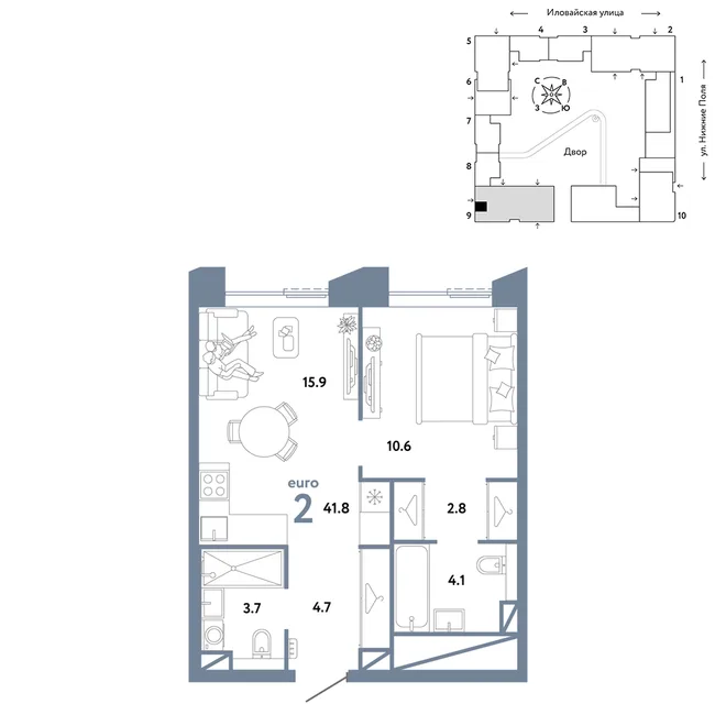 Планировка 2-комн. квартира, 41.8 м² ЖК «Страна.Заречная»