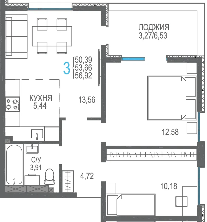 Планировка 3-комн. квартира, 56.92 м² ЖК «Розовое озеро»