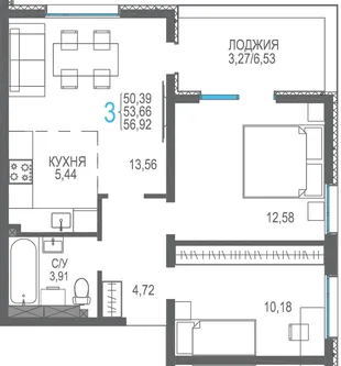 Планировка 3-комн. квартира, 56.92 м² ЖК «Розовое озеро»