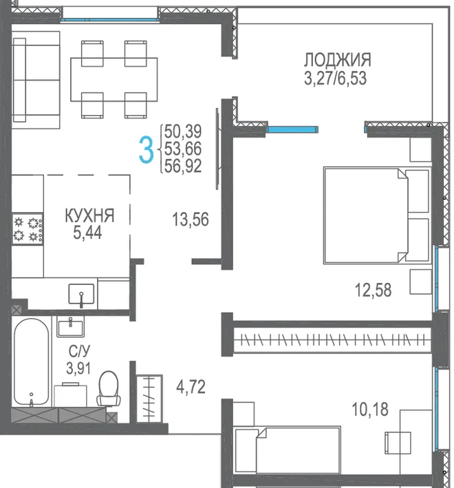 Планировка 3-комн. квартира, 56.92 м² ЖК «Розовое озеро»