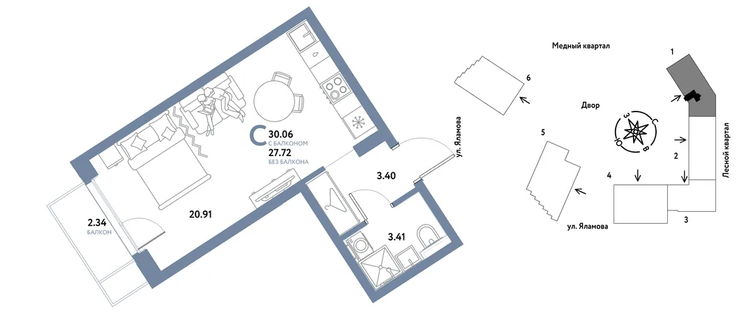 Планировка Студия, 30.06 м² ЖК «Сибирский сад»