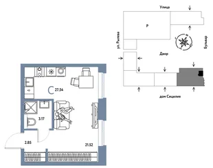 Планировка Студия, 27.54 м² ЖК «Остров-сад»