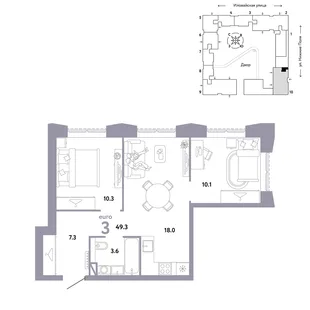 Планировка 3-комн. квартира, 49.3 м² ЖК «Страна.Заречная»