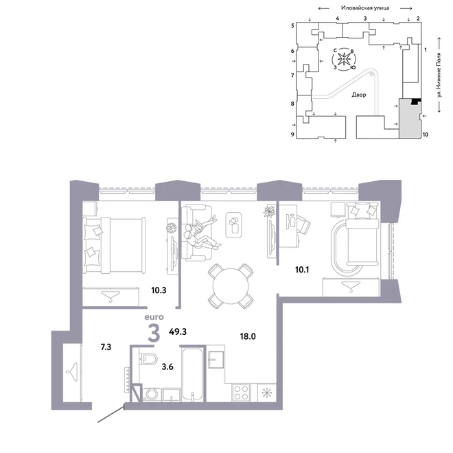 Планировка 3-комн. квартира, 49.3 м² ЖК «Страна.Заречная» Планировка 3-комн. квартира, 49.3 м² ЖК «Страна.Заречная»