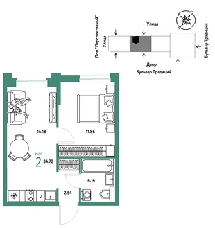 Планировка 2-комн. квартира, 34.72 м² ЖК «Микрорайон Домашний»