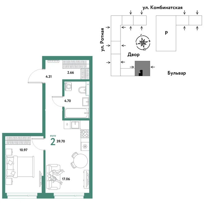 Планировка 2-комн. квартира, 39.7 м² ЖК «Уральский сад» Планировка 2-комн. квартира, 39.7 м² ЖК «Уральский сад»