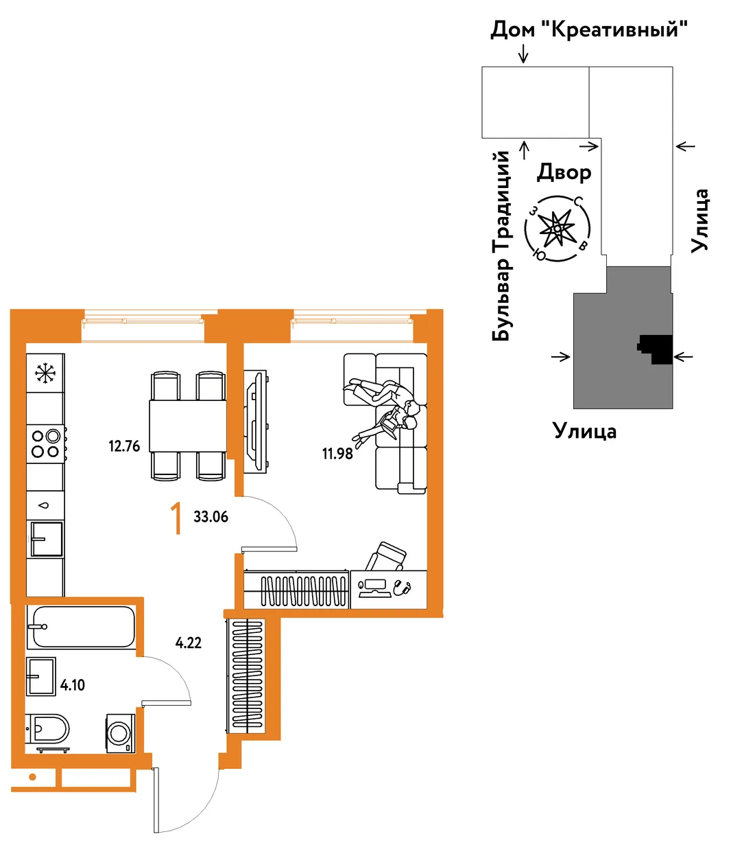 Планировка 1-комн. квартира, 33.06 м² ЖК «Микрорайон Домашний»