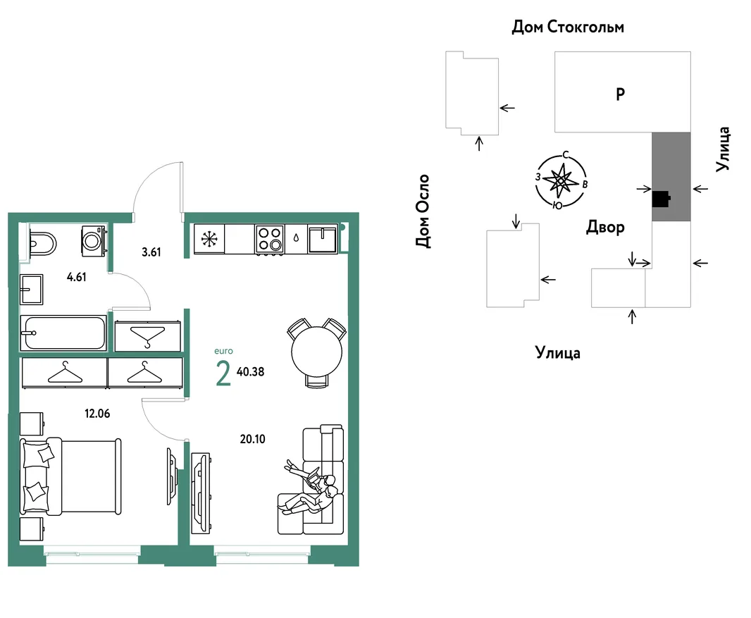 Планировка 2-комн. квартира, 40.38 м² ЖК «Европейский берег 2.0»