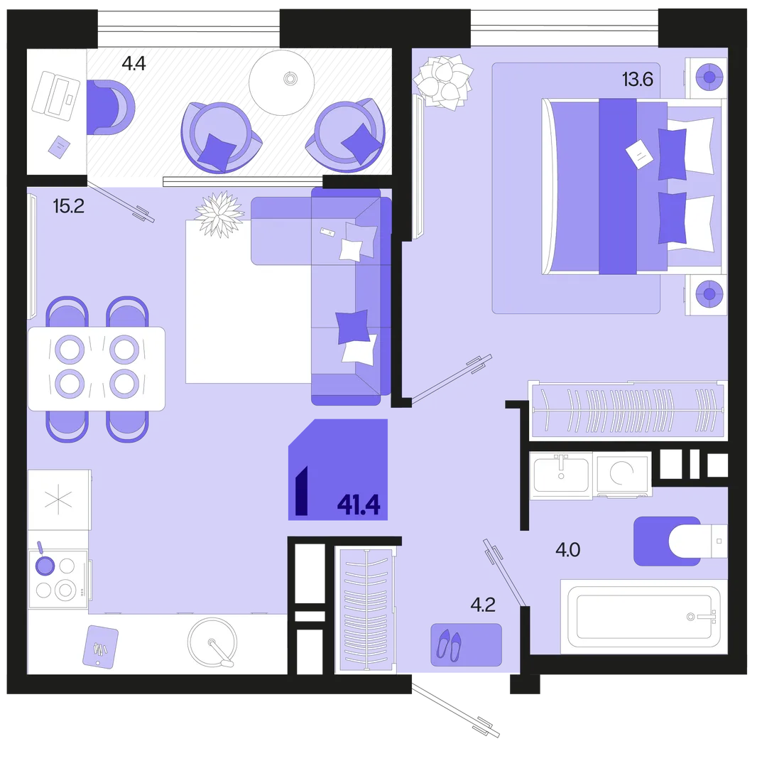 Планировка 1-комн. квартира, 41.4 м² ЖК «Первое место»