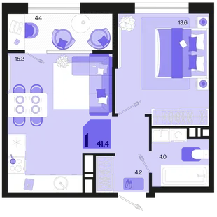 Планировка 1-комн. квартира, 41.4 м² ЖК «Первое место»