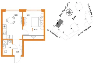 Планировка 1-комн. квартира, 35.33 м² ЖК «Страна.Парковая»