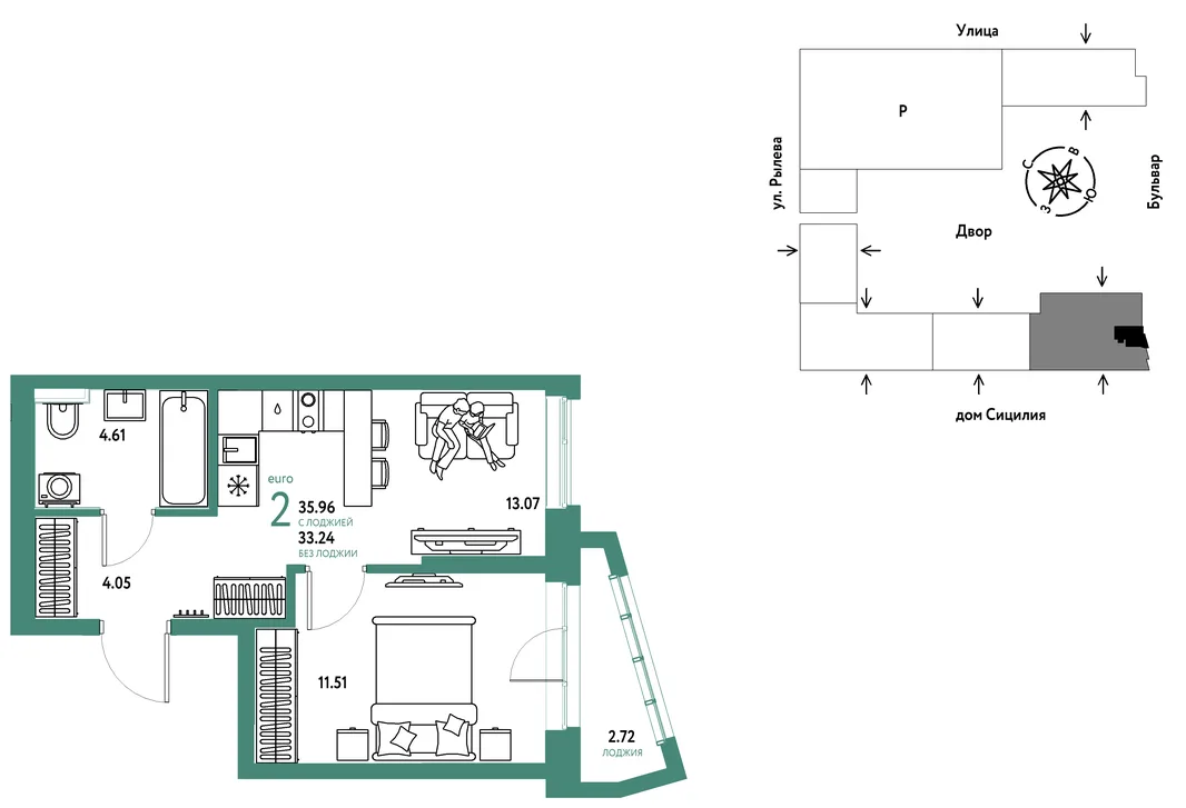 Планировка 2-комн. квартира, 35.96 м² ЖК «Остров-сад»