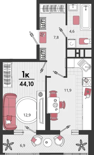 Планировка 1-комн. квартира, 44.1 м² ЖК «Родные просторы»