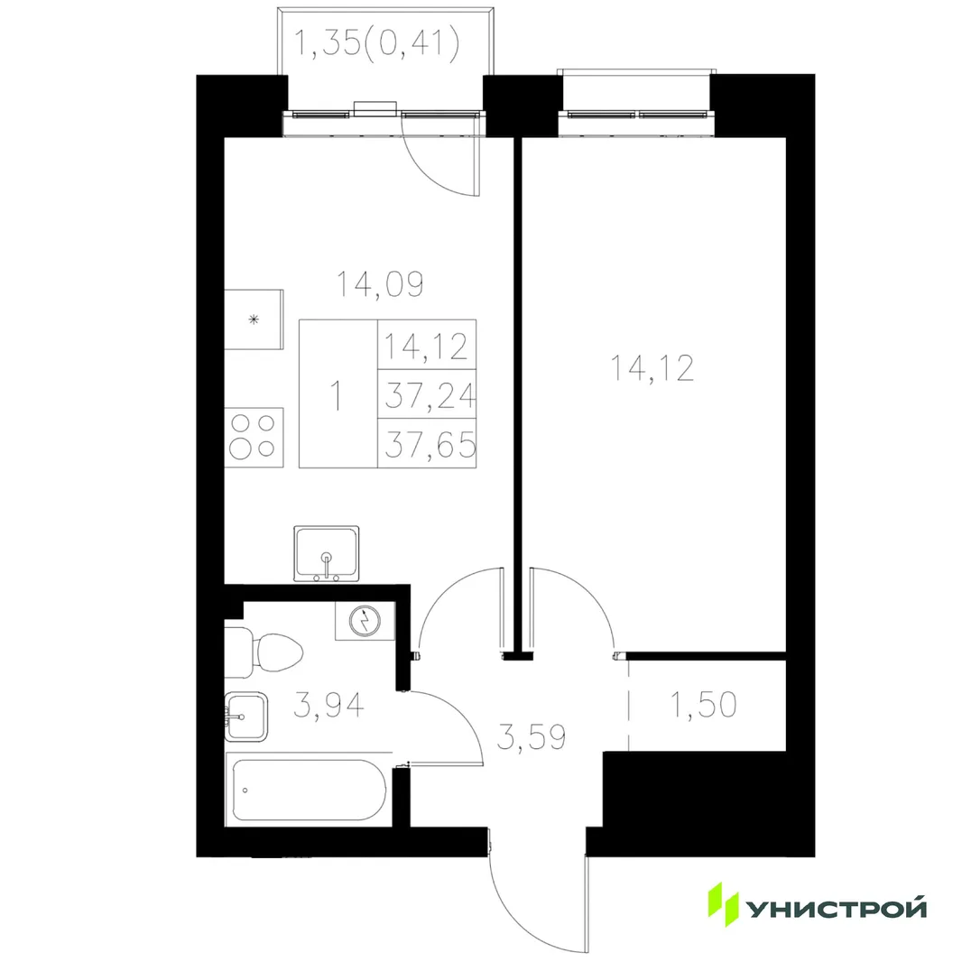 Планировка 1-комн. квартира, 37.65 м² ЖК «Statum»