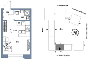 Планировка Студия, 24.69 м² ЖК «Сердце Сибири»