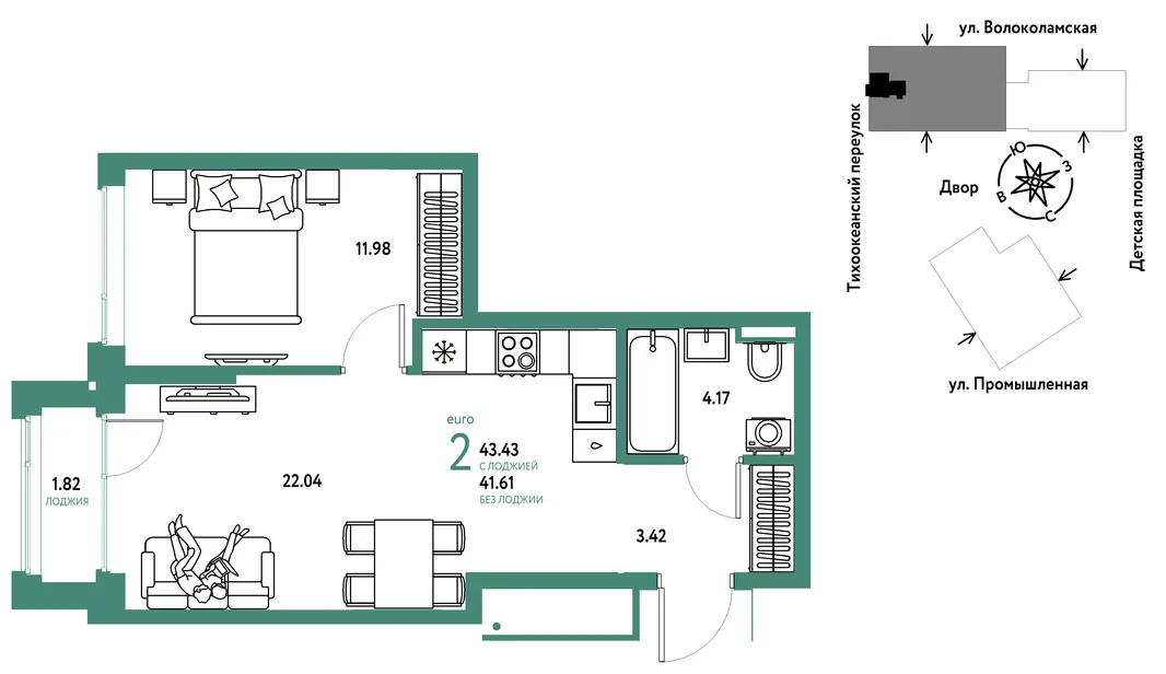 Планировка 2-комн. квартира, 43.43 м² ЖК «Страна Прибрежная»