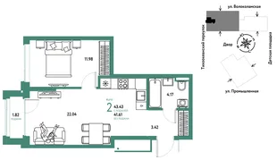 Планировка 2-комн. квартира, 43.43 м² ЖК «Страна Прибрежная»