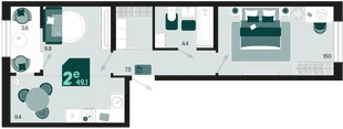 Планировка 2-комн. квартира, 49 м² ЖК «Первое место»