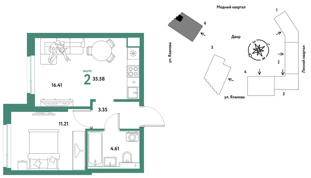 Планировка 2-комн. квартира, 35.58 м² ЖК «Сибирский сад»
