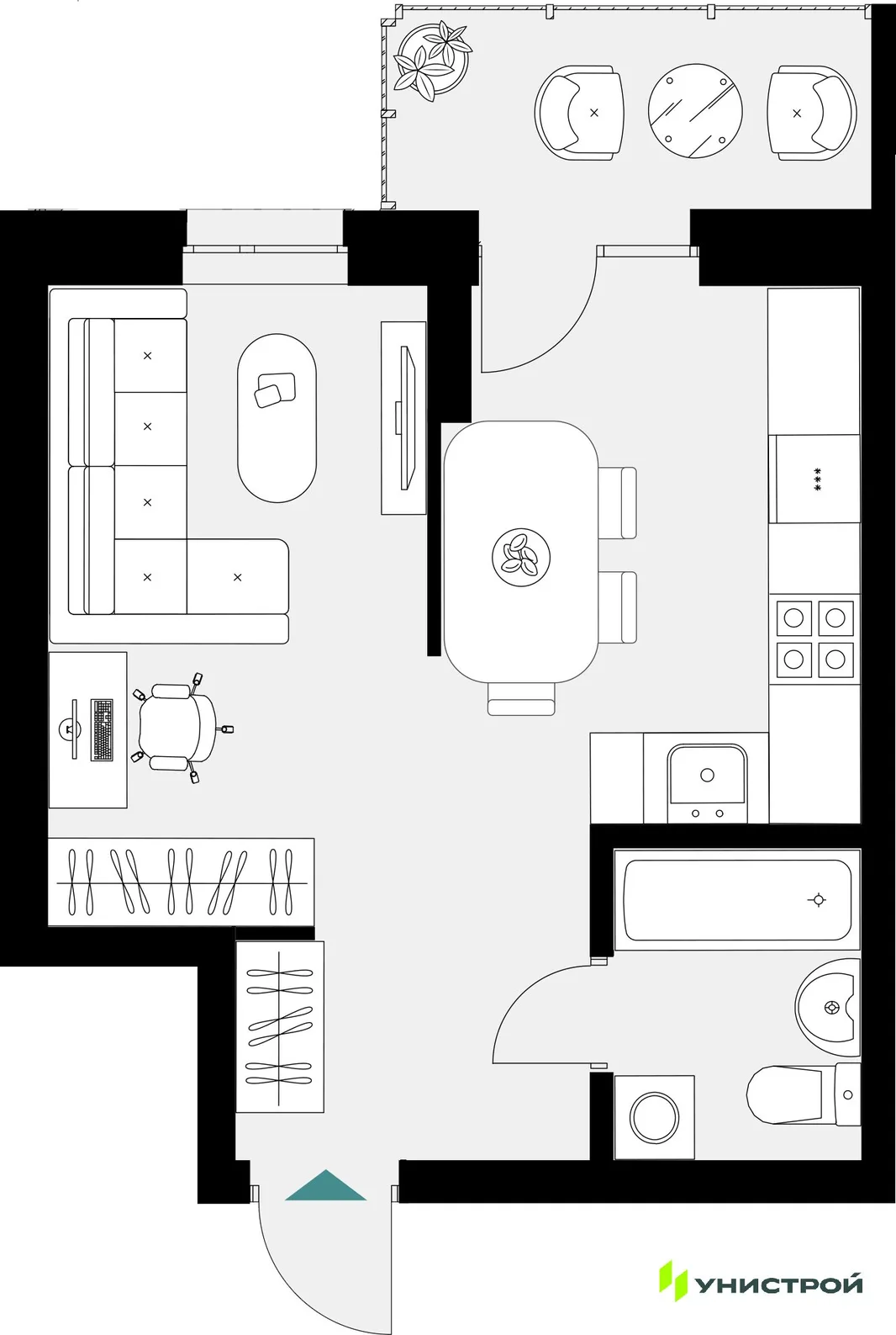Планировка 1-комн. квартира, 32.57 м² ЖК «Уникум на Амирхана»