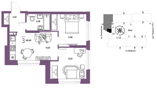 Планировка 3-комн. квартира, 48.48 м² ЖК «Страна.Энтузиастов»