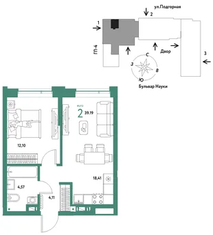 Планировка 2-комн. квартира, 39.19 м² ЖК «Авторский»