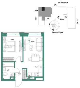 Планировка 2-комн. квартира, 39.19 м² ЖК «Авторский»