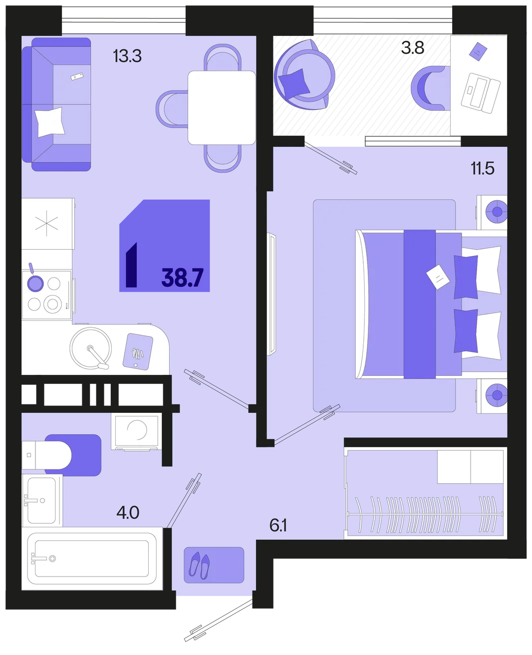 Планировка 1-комн. квартира, 38.7 м² ЖК «Первое место»