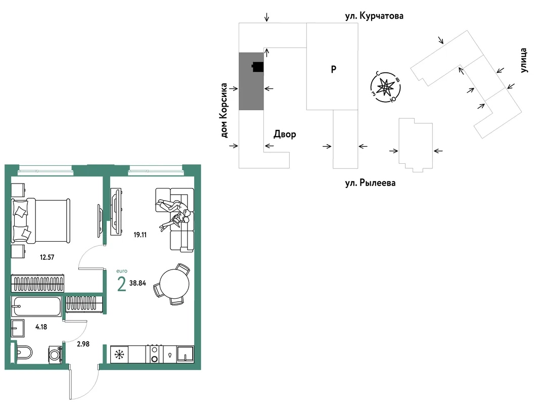 Планировка 2-комн. квартира, 38.83 м² ЖК «Остров-сад»