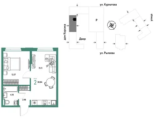 Планировка 2-комн. квартира, 38.83 м² ЖК «Остров-сад»