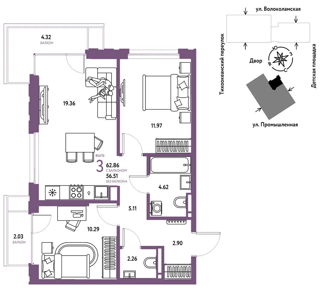 Планировка 3-комн. квартира, 62.86 м² ЖК «Страна Прибрежная»