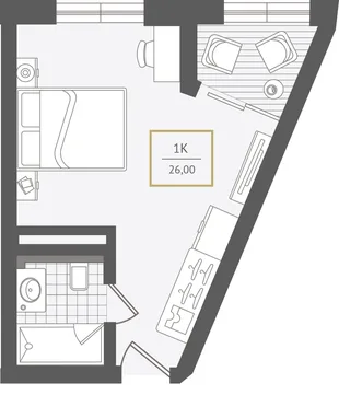 Планировка 1-комн. квартира, 26.4 м² ЖК «Гостиничный комплекс Greenmont»