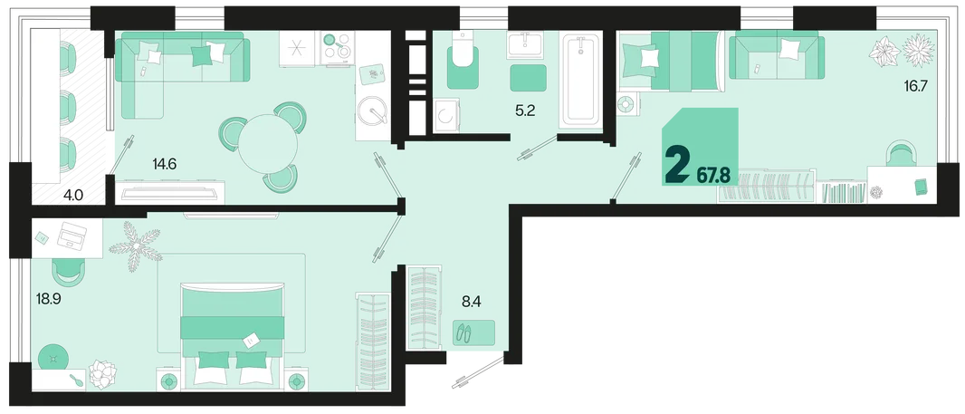 Планировка 2-комн. квартира, 67.8 м² ЖК «Первое место»