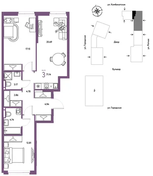 Планировка 3-комн. квартира, 71.14 м² ЖК «Уральский сад»