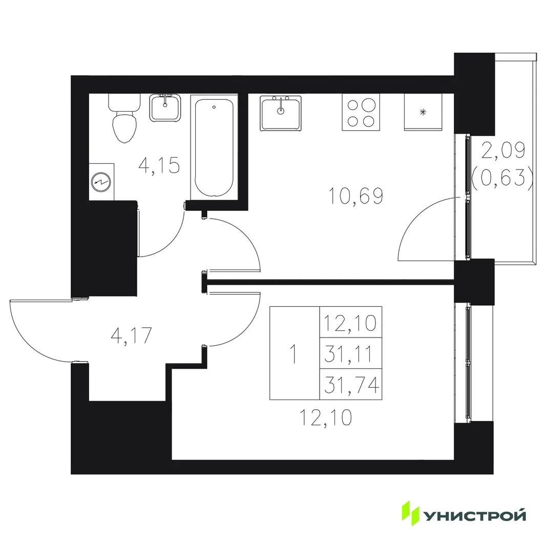 Планировка 1-комн. квартира, 31.74 м² ЖК «Statum»