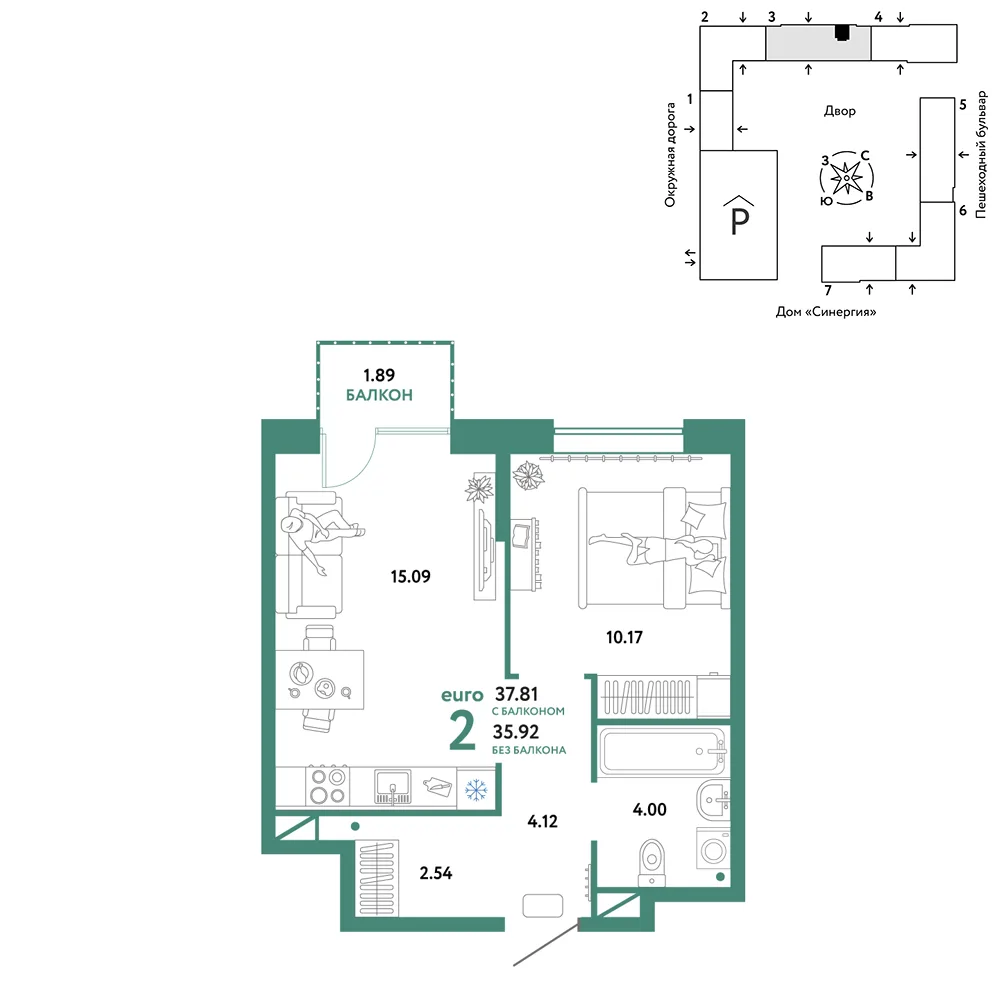 Планировка 2-комн. квартира, 37.81 м² ЖК «Юнион»