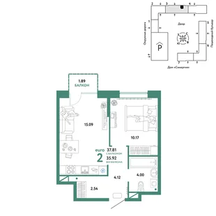 Планировка 2-комн. квартира, 37.81 м² ЖК «Юнион»