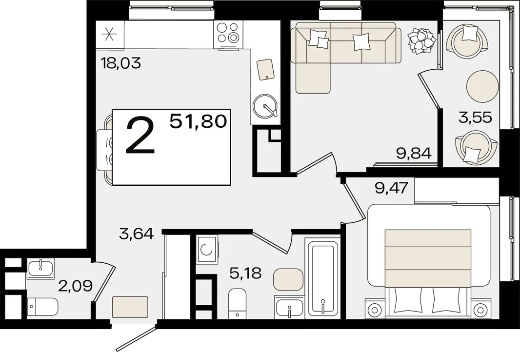 Планировка 2-комн. квартира, 51.8 м² ЖК «Патрики»