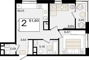 Планировка 2-комн. квартира, 51.8 м² ЖК «Патрики»
