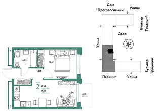 Планировка 2-комн. квартира, 37.33 м² ЖК «Микрорайон Домашний»