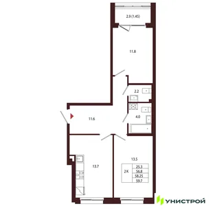 Планировка 2-комн. квартира, 58.25 м² ЖК «Лисино»