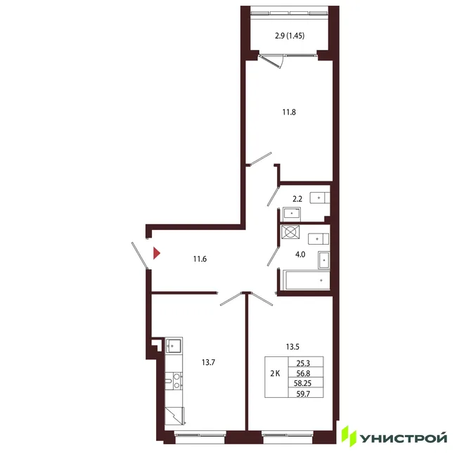 Планировка 2-комн. квартира, 58.25 м² ЖК «Лисино» Планировка 2-комн. квартира, 58.25 м² ЖК «Лисино»