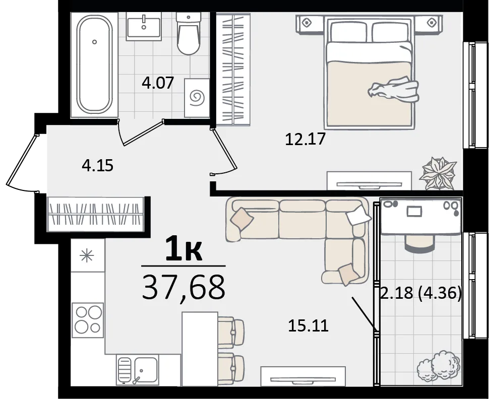 Планировка 1-комн. квартира, 37.68 м² ЖК «Патрики»