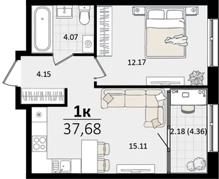 Планировка 1-комн. квартира, 37.68 м² ЖК «Патрики»