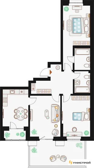 Планировка 3-комн. квартира, 87.48 м² ЖК «Жилой кластер Q на Кулагина»