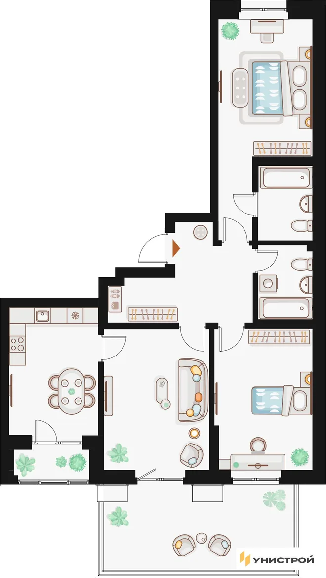 Планировка 3-комн. квартира, 87.48 м² ЖК «Жилой кластер Q на Кулагина»