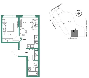 Планировка 2-комн. квартира, 36.53 м² ЖК «Страна Прибрежная»