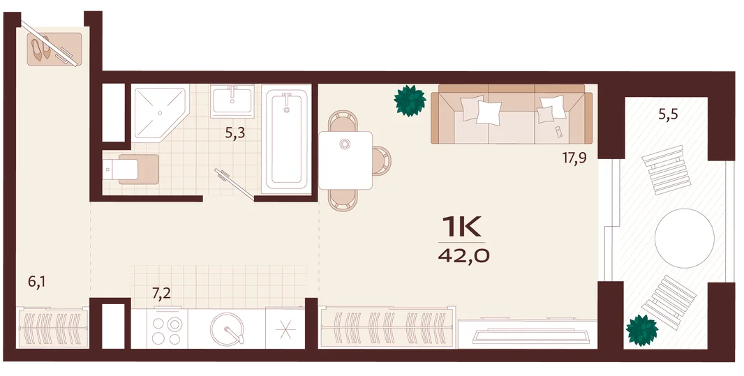 Планировка 1-комн. квартира, 42 м² ЖК «Роялта»