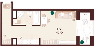 Планировка 1-комн. квартира, 42 м² ЖК «Роялта»